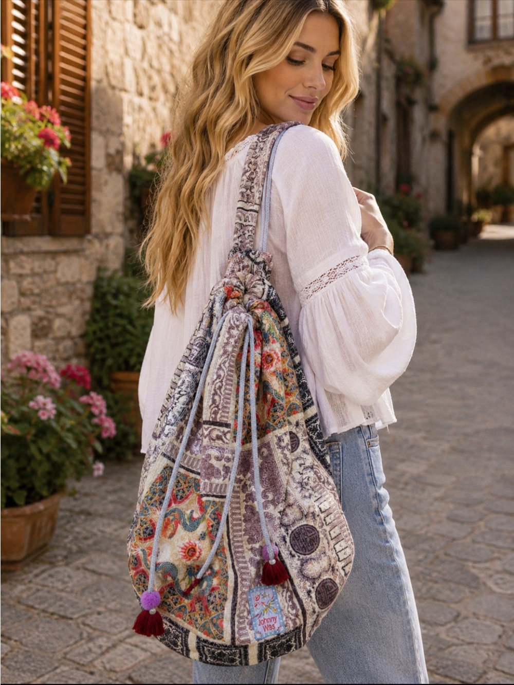 Johnny Was Laurel Canyon Cozy Blanket Drawstring SlingBack Crossbody Bag